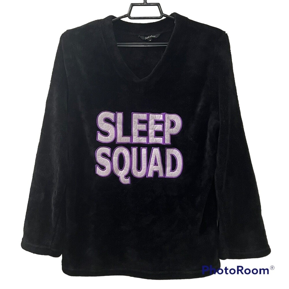 Just Love Womens Black Fleece Sleep Squad Plush Pajama Top Long Sleeve V Neck M